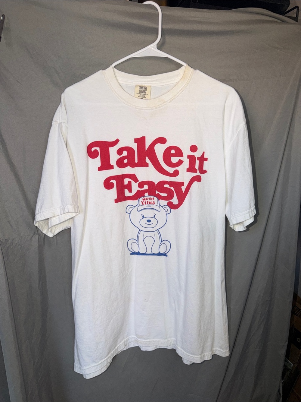 Comfort Colors White 'Take It Easy' Graphic Tee with Red Text and Blue Bear